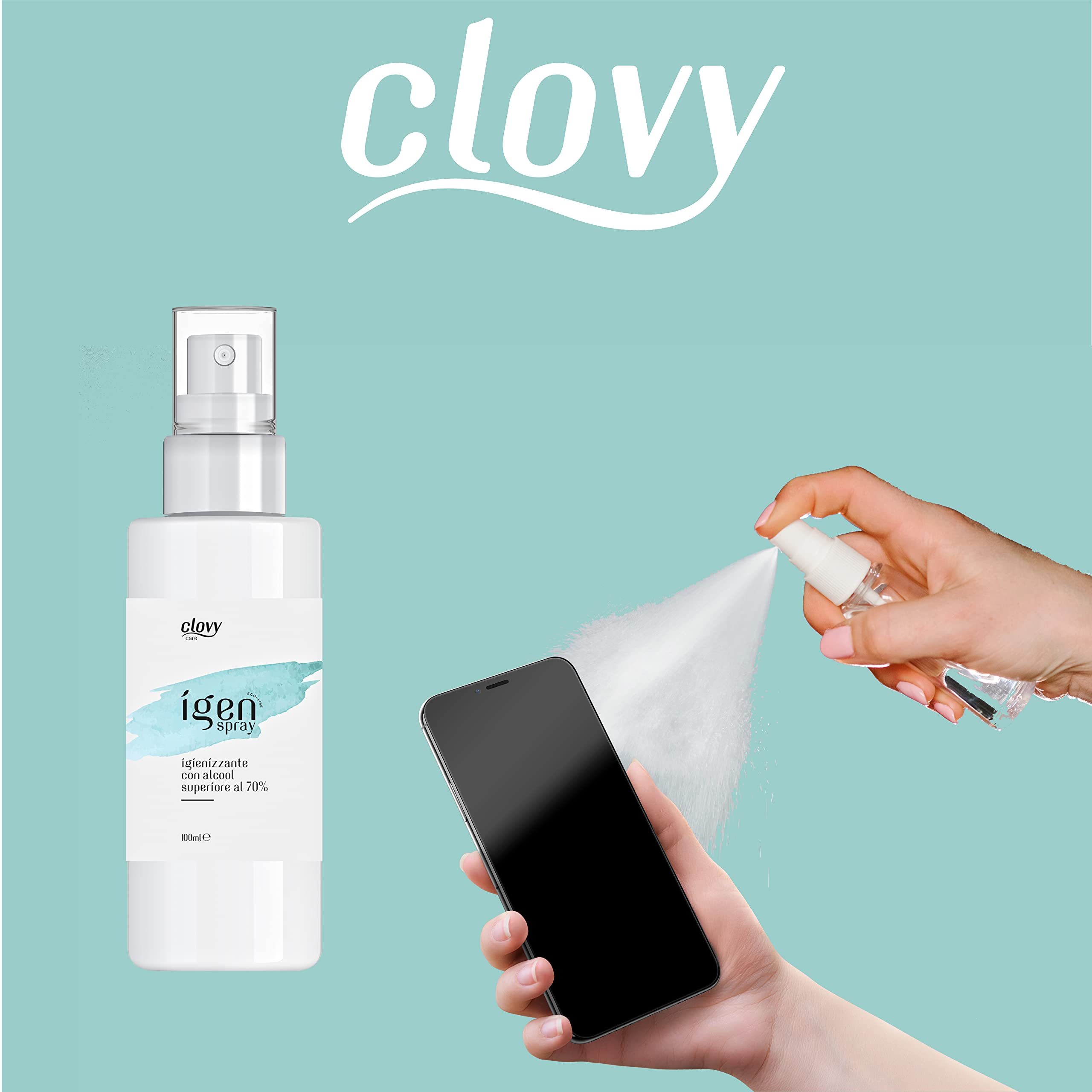 Clovy Care. Igienizzante spray tascabile 2in1 da 100 ml con alcool contenuto >70% per mani e superfici. Senza risciacquo. Rapida asciugatura. (100 ML, 6)