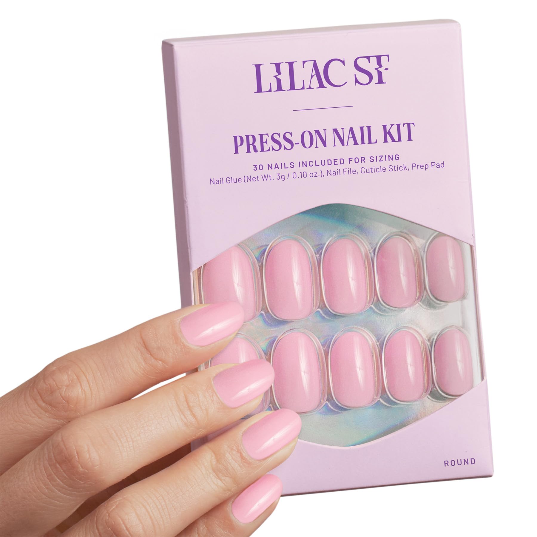 Lilac St - Press on Nails, Pirouette (30 Nails, 15 Sizes) - Medium, Round, Glossy, Opaque - Brush-On Nail Glue, Nail File, Cuticle Stick, Prep Pad -
