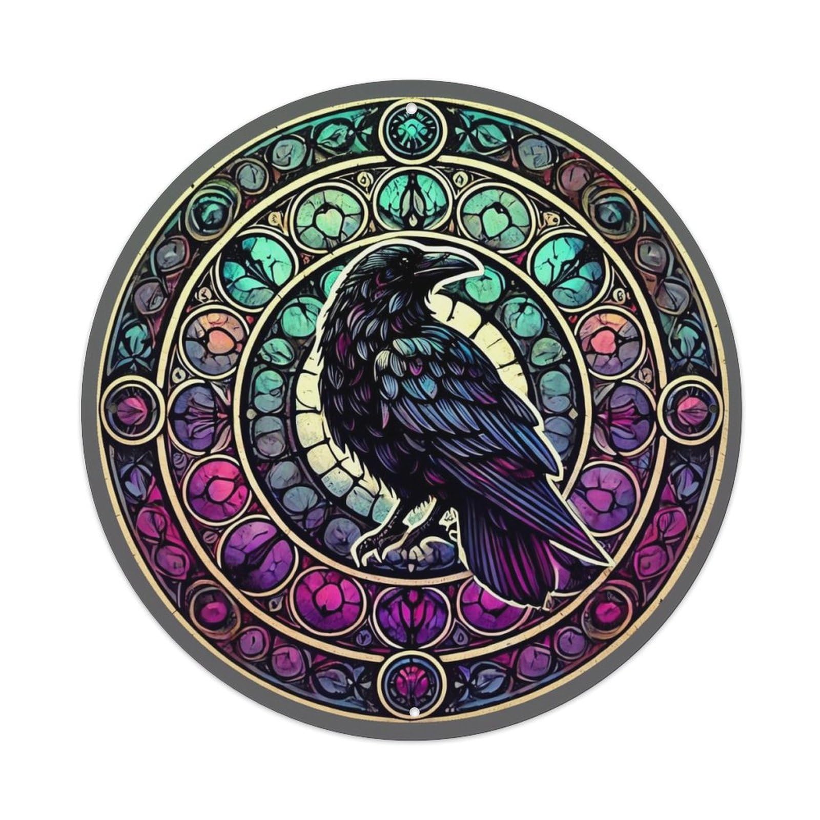 Stained Glass Raven Circular Design_1 Retro Metal Tin Sign, Vintage Metal Poster for home, Gaming Room, Studio Workshop,Bar,Garage Wall Art Decor 8x8 inch