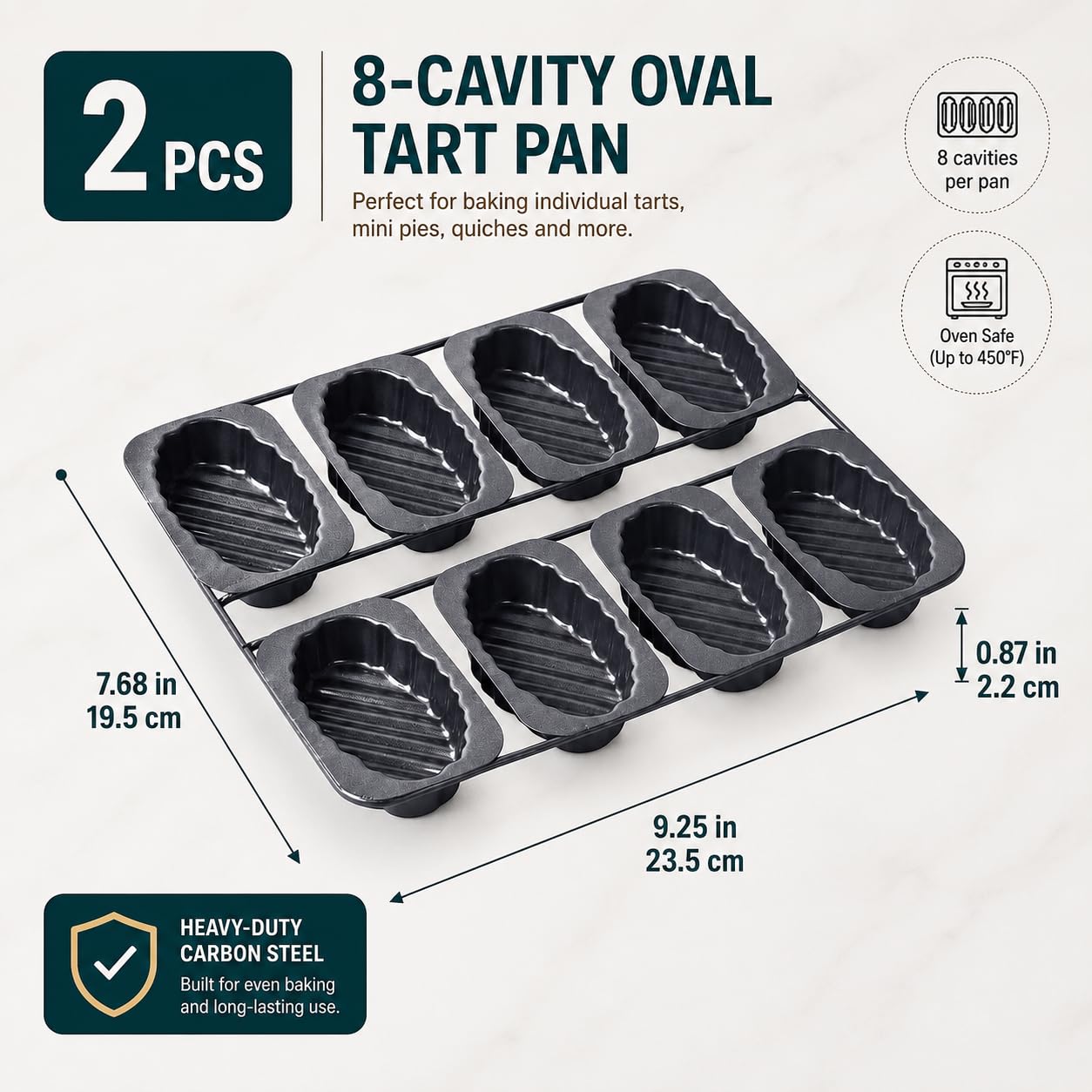Paquete De 2 Moldes Ovalados Para Tartas De 8 Cavidades,Antiadherente | Revestimiento antiadherente para una fácil liberación, resistente al calor hasta 230 grados