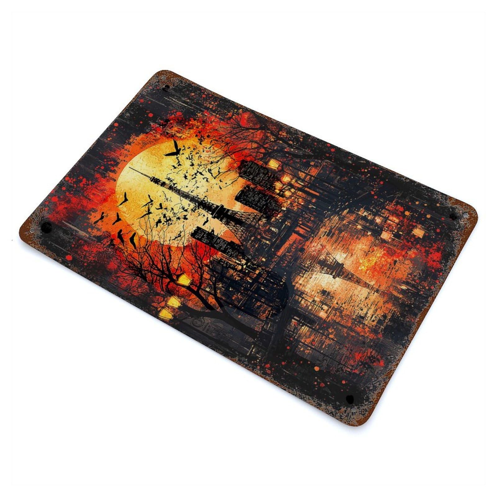 Distressed Metal Wall Sign with Crimson Dusk Tokyo at Sunset Design 11.8"x7.9", for Office, Studio And Wall Decor, Industrial Home Decor