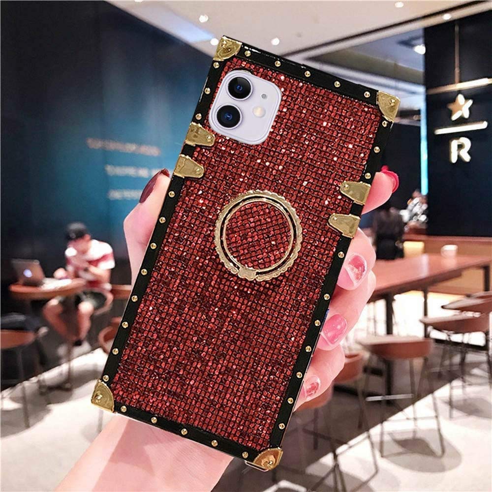 Compatible for iPhone 11 Pro Max 6.5" inch Case,Babemall Elegant Premium Bling Square Protective with Shock Absorption Metal Decoration Corner Back Case with Crystal Strap (RED)