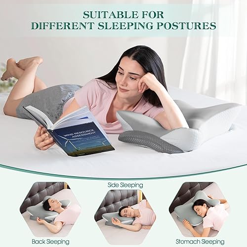 Miniatura 3 de Almohada cervical para aliviar el dolor de cuello, almohadas ergonómicas de espuma viscoelástica con funda de enfriamiento y alturas ajustables,