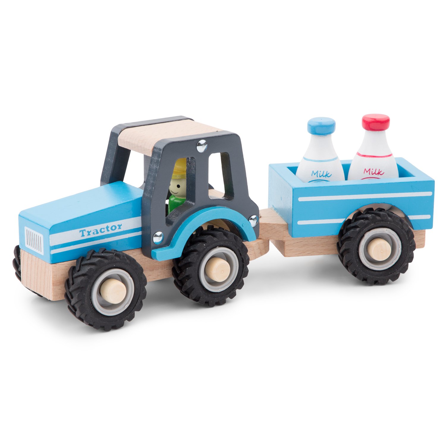 New Classic Toys Wooden Tractor with Trailer and Milk Bottles Blue, 11942