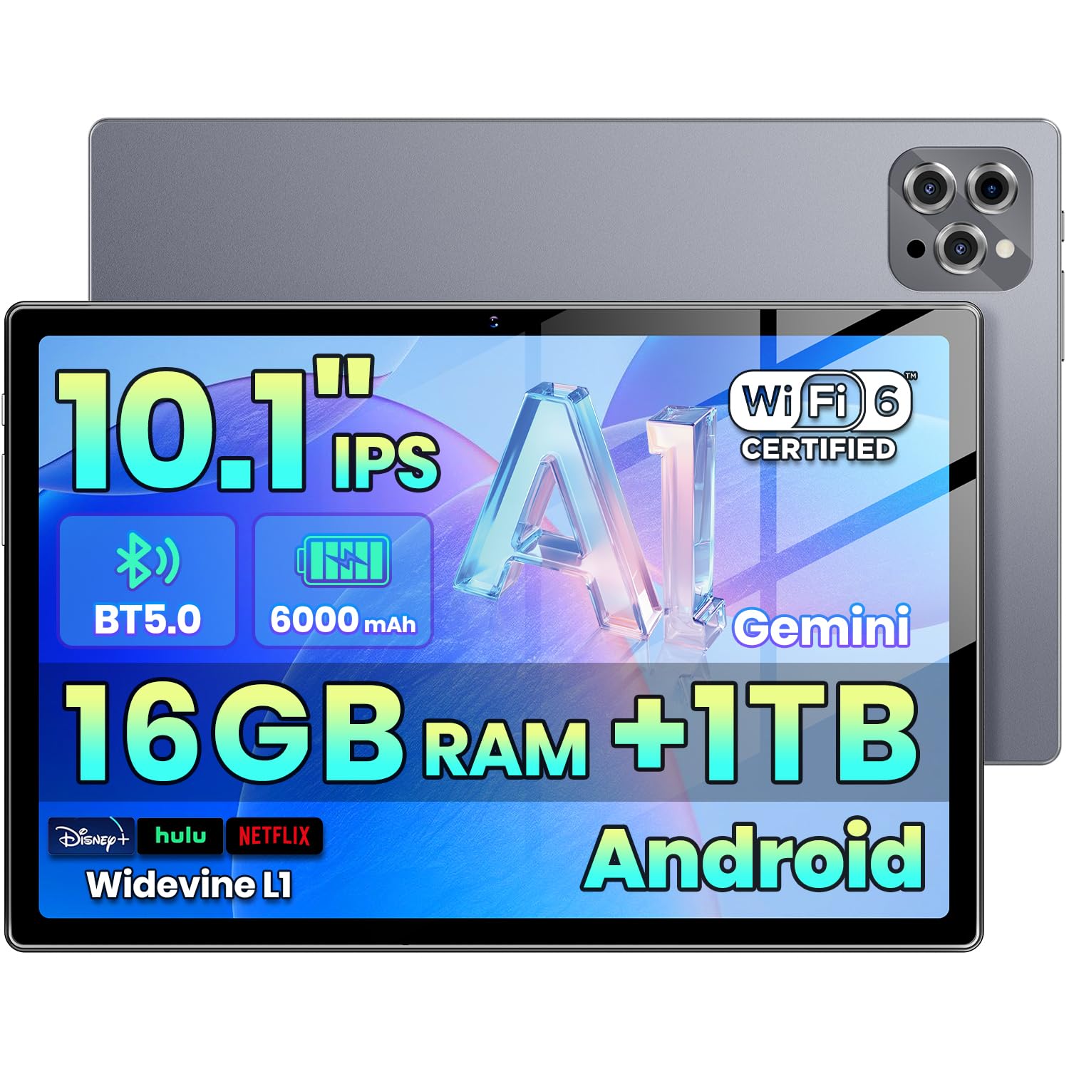Photo 1 of 2026 Android 15 Tablet with Gemini AI,16GB+1TB Expand, 10.1 inch Tablet,Octa-core CPU, Dual Camera, WiFi6, 6000mAh,Widevine L1,Split Screen,Family & Work,mothers day birthday gift mom her (Gray)