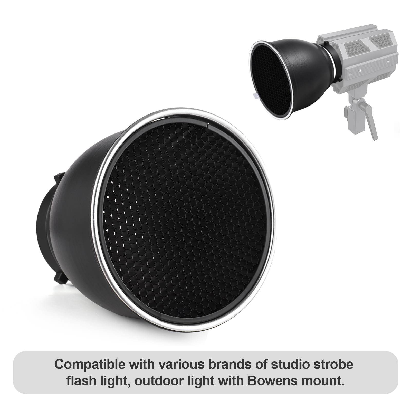 Bol de beauté Bowens de 17,8 cm avec grille en nid d'abeille à 60° et chaussette diffuseur pour flash stroboscopique Bowens Mount Studio