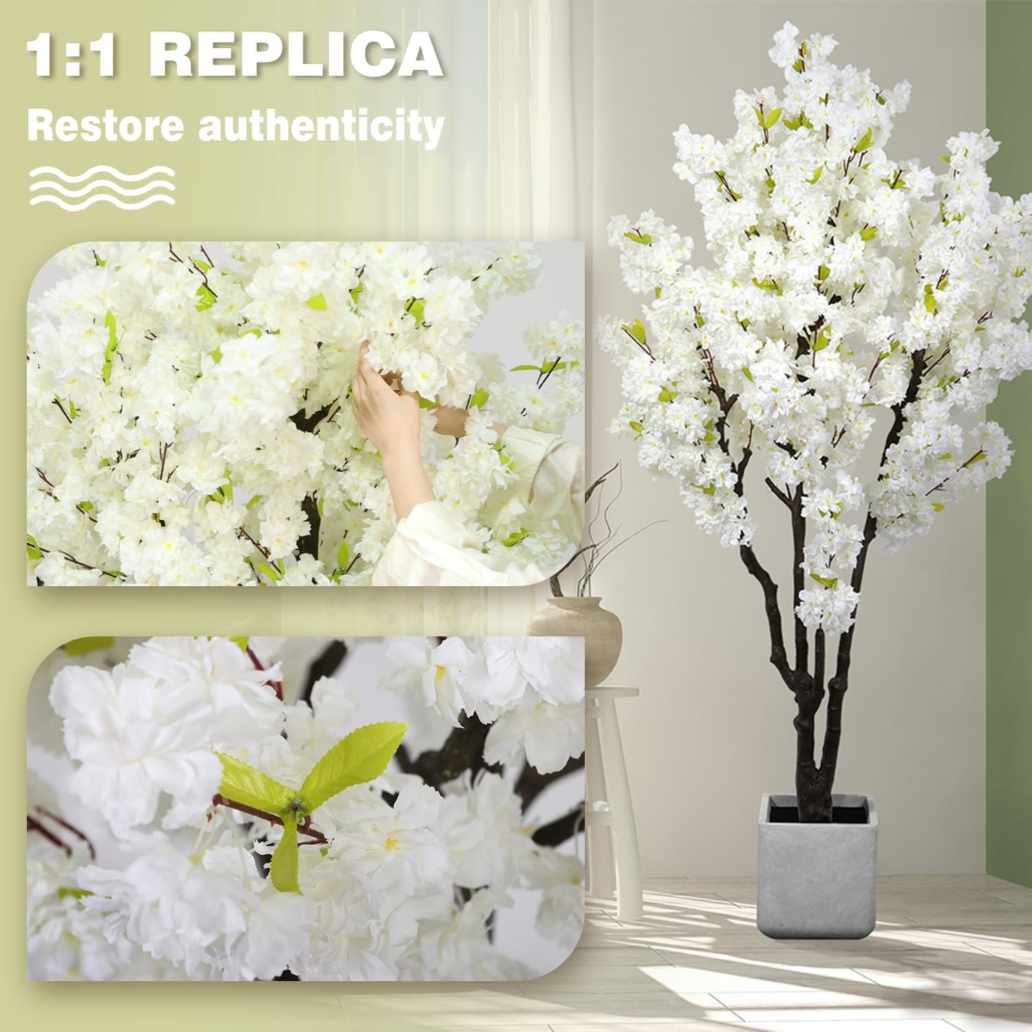 6ft Tall Cherry Blossom Artificial Tree, Handmade White Cherry Tree, Fake Flower Faux Silk Leaves Plant, Artificial Plants for Home Office Indoor Outdoor Party Wedding Christmas Decor