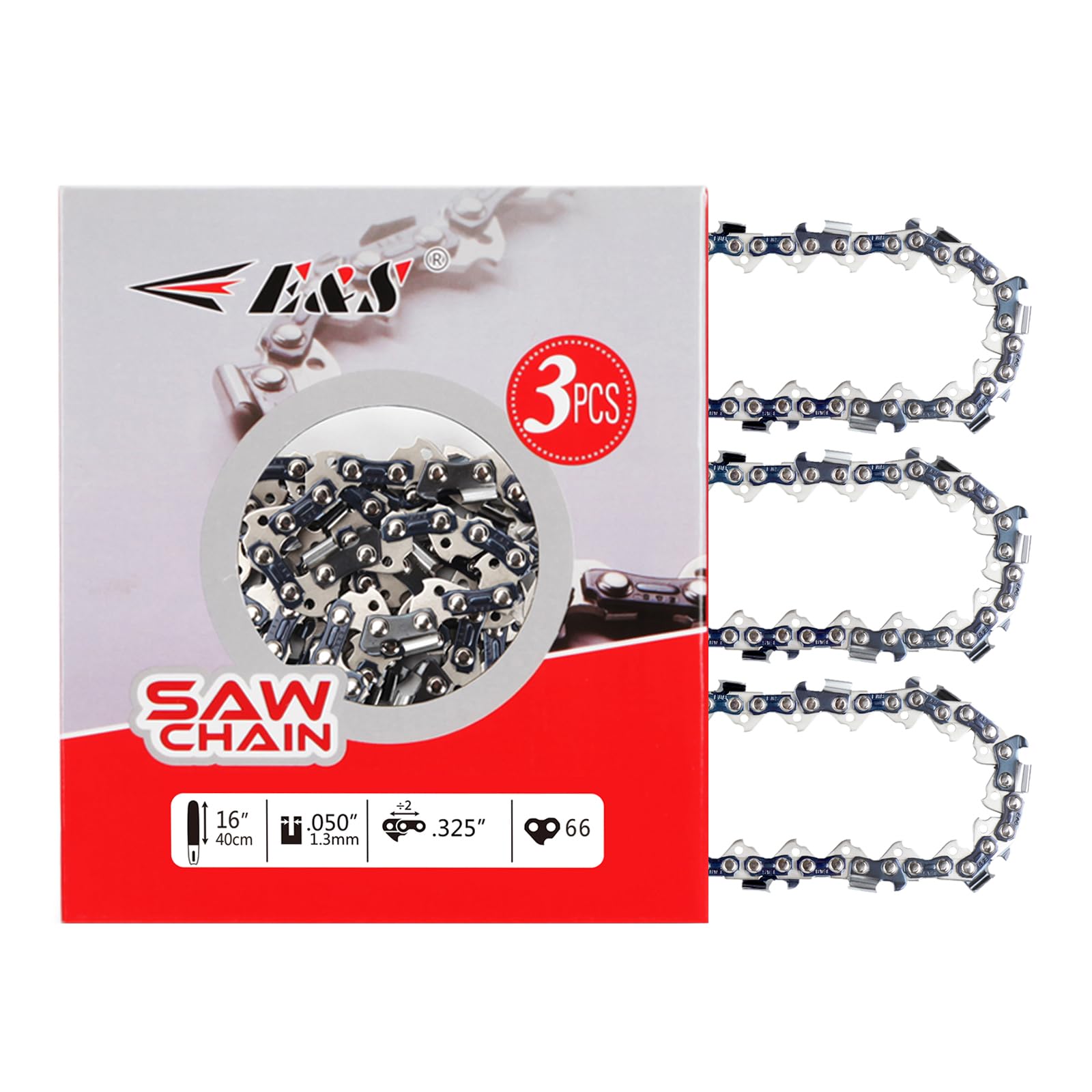 E & S Confezione da 3 catene per motosega da 40,6 cm, calibro 127 cm, passo 0,8 cm, 66 maglie, adatte per catena per motosega Husqvarna 435, catena per motosega Husqvarna 445, semi scalpello da 40,6