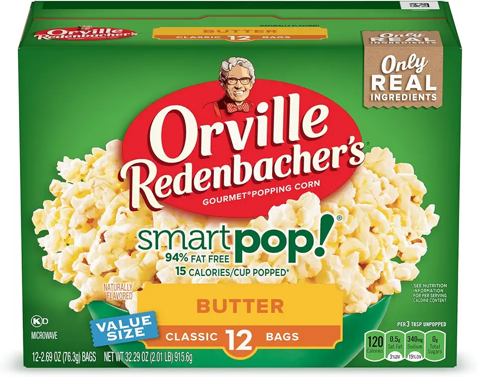 Orville Redenbacher’s Microwave Popcorn SmartPop! Value Size, Butter Flavor, 4g Fiber Per Serving, Movie Night Supplies, 2.69 oz., 12-Count