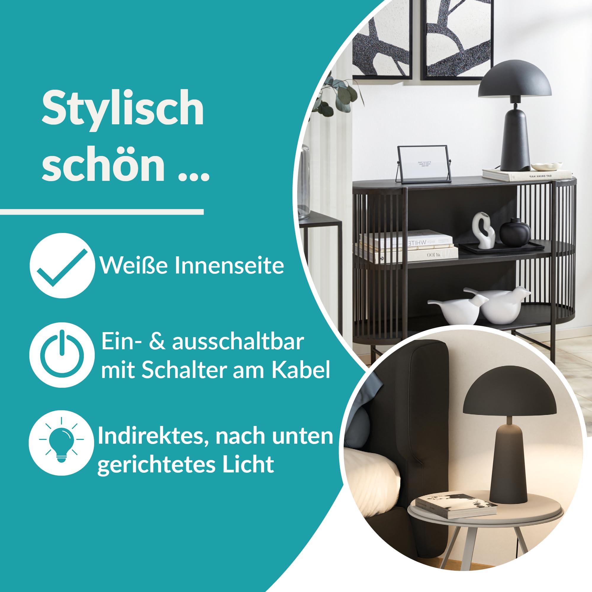 EGLO Tischlampe Aranzola, Nachttischlampe in Pilzform | Deko Tischleuchte minimalistisch, Pilz Lampe für Wohnzimmer und Schlafzimmer, Metall in Schwarz und Weiß, E27