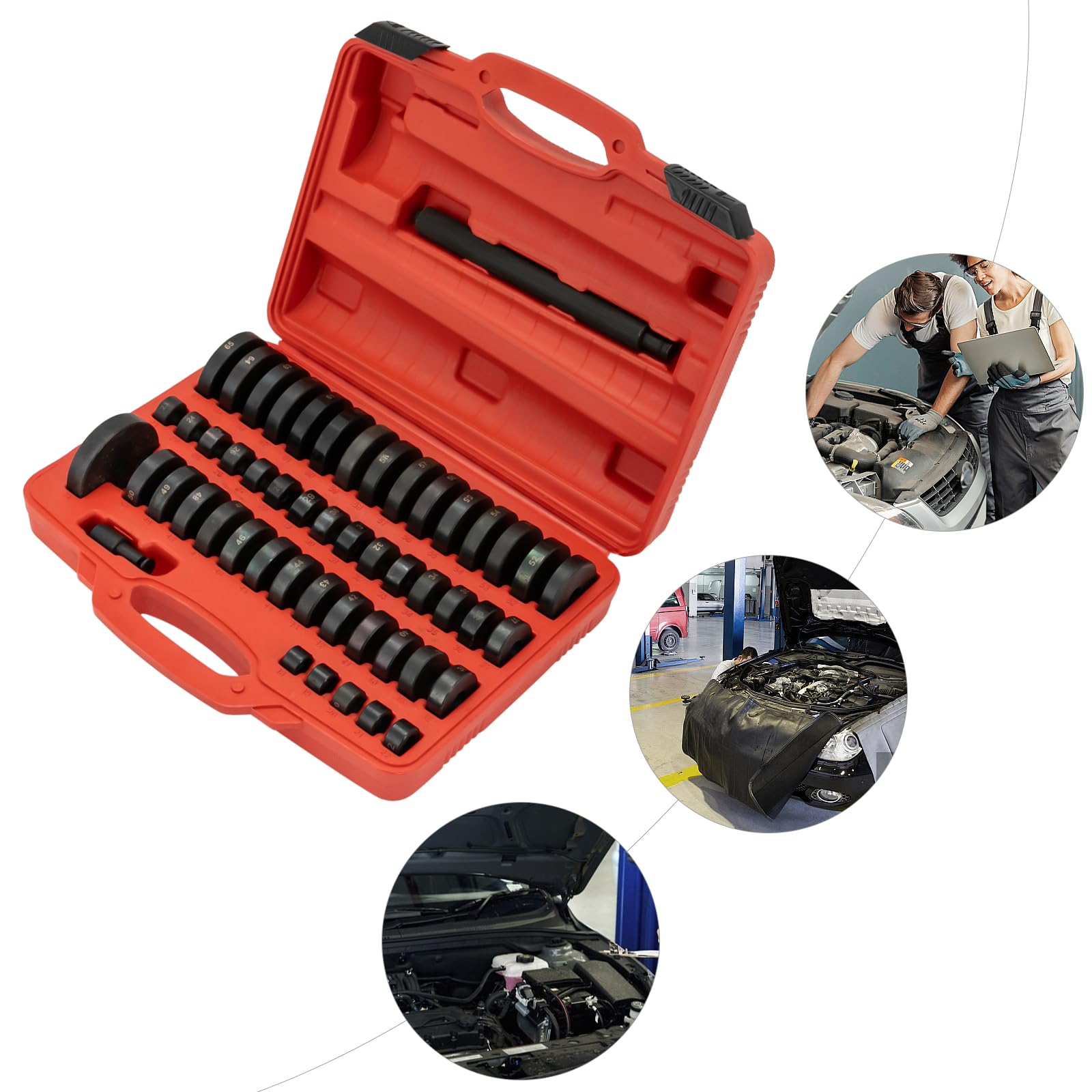 Set di strumenti per il montaggio dei cuscinetti delle ruote, 52 pezzi, in acciaio al carbonio, 18-65 mm, con cassetta degli attrezzi, 35 x 25 x 9,5 cm, nero e rosso