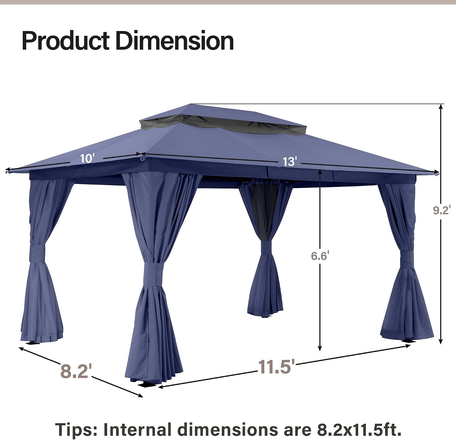 LAUSAINT HOME 10'x13' Outdoor Gazebo, Metal Frame Heavy Duty Patio Canopy Tent Shelter with Double Roofs, Mosquito Nettings and Privacy Screens for Backyard, Garden, Lawn, Navy Blue