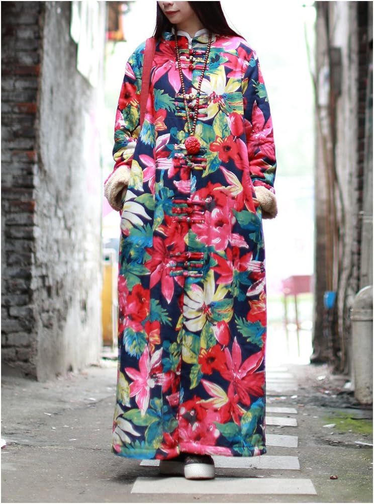 LZJN Women Floral Print Trench Coat Casual Long Jacket Fluff Inside