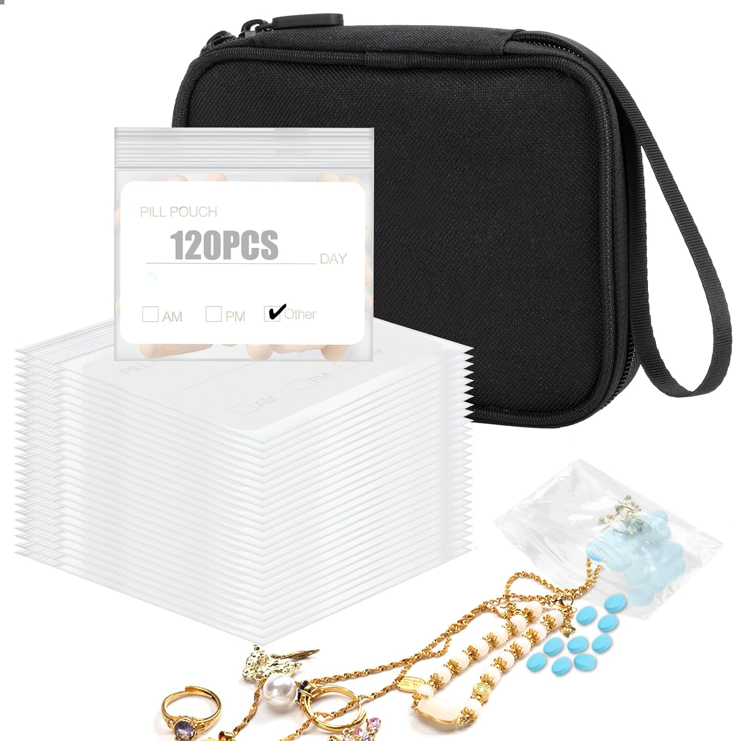 Pill Pouch Bags for Travel with Medicine Bag, Pack of 120 BPA Free 3 x 2.75 inch Reusable Pill Bag for Medicine with Write on Label Clear Ziplock Seal Daily AM PM Pill Baggies for Medicine Organizer