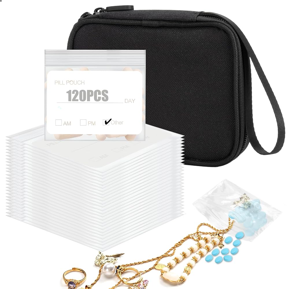 Pill Pouch Bags for Travel with Medicine Bag, Pack of 120 BPA Free 3 x 2.75 inch Reusable Pill Bag for Medicine with Write on Label Clear Ziplock Seal Daily AM PM Pill Baggies for Medicine Organizer