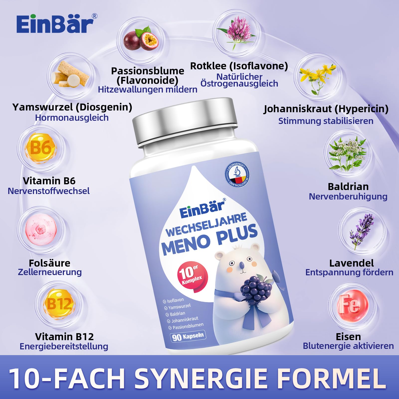 Wechseljahre Hormonbalance – 10-fach Komplex für Frauen mit Yamswurzel, Rotklee, Isoflavonen, Baldrian, Vitamin B9+B12 – MENO Formel vegan produziert in Deutschland