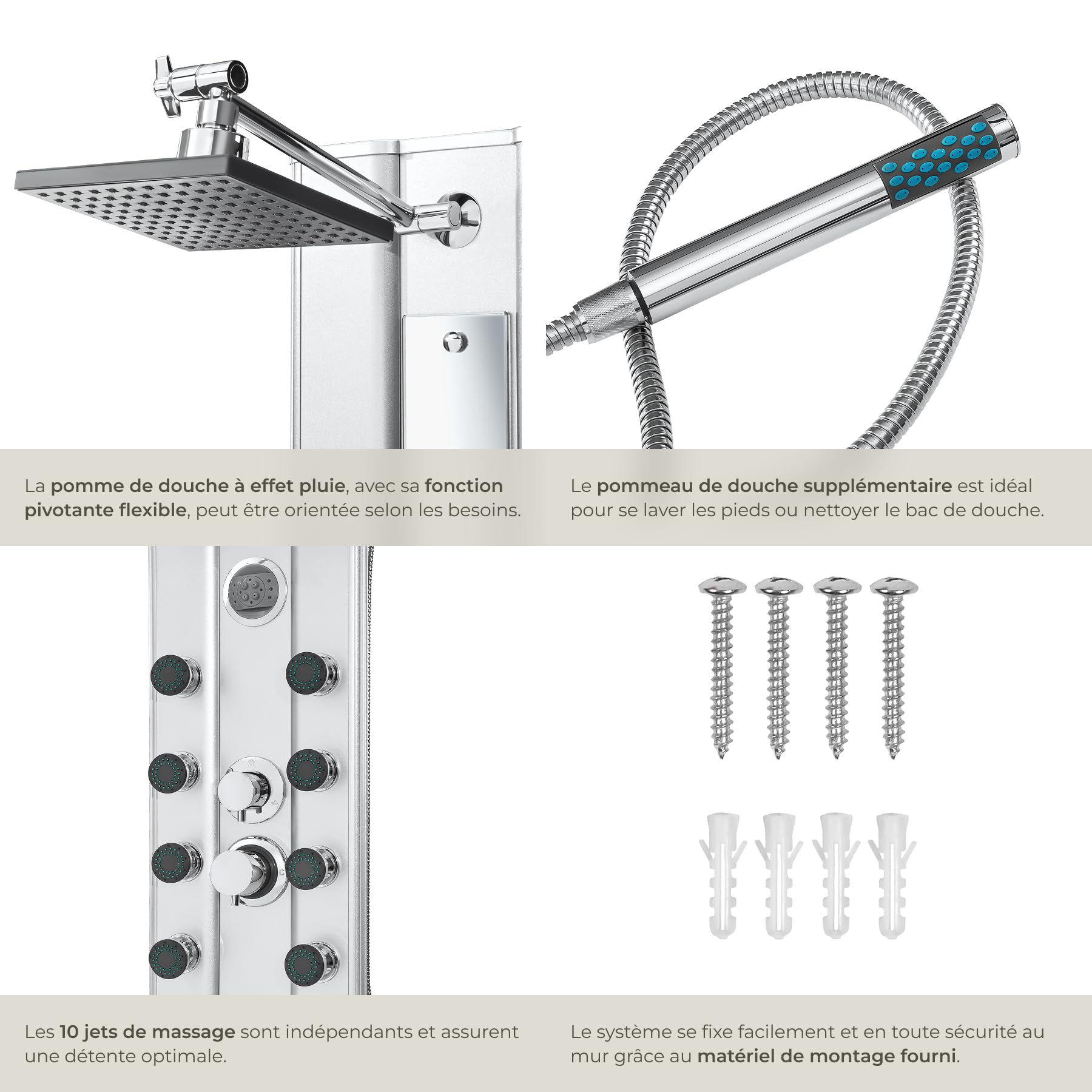 tectake® Colonne de douche 118 x 27 x 9,8 cm en Aluminium, Colonne de douche hydromassante 10 jets massage, Pommeau de douche effet pluie, Douchette, Anti calcaire, Mitigeur, Miroir, Salle de bain