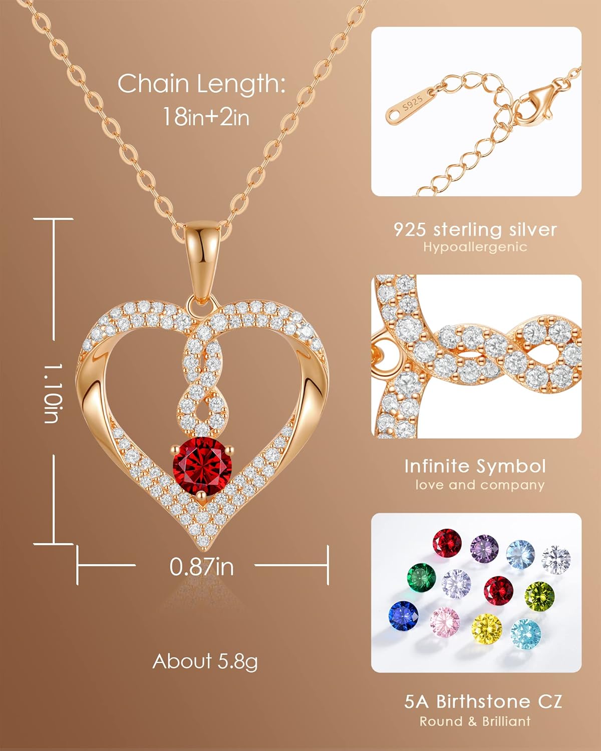 LOUISA SECRET Infinity Heart Necklaces for Women 18K Gold Plated and 925 Sterling Silver Birthstone Infinity Forever Love Pendant Necklaces, Birthday Anniversary Jewelry Gift for Her Wife Mom Girlfriend (Red) - Image 4