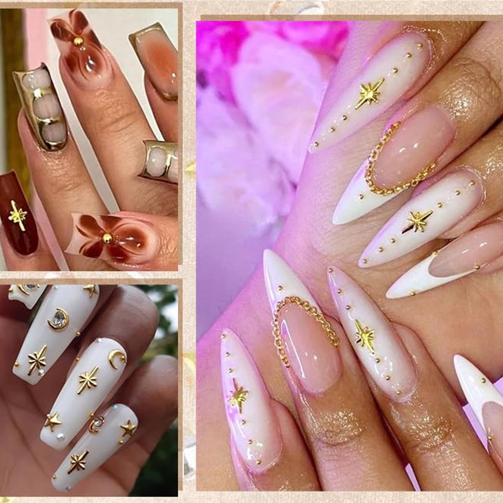 Goldene Nail Art Strassstein, różowa dekoracja do paznokci z wisiorkiem, 4 pudełka z kamieniami do paznokci, koraliki do paznokci 3D, motyle, wiśnie, wisiorki do paznokci