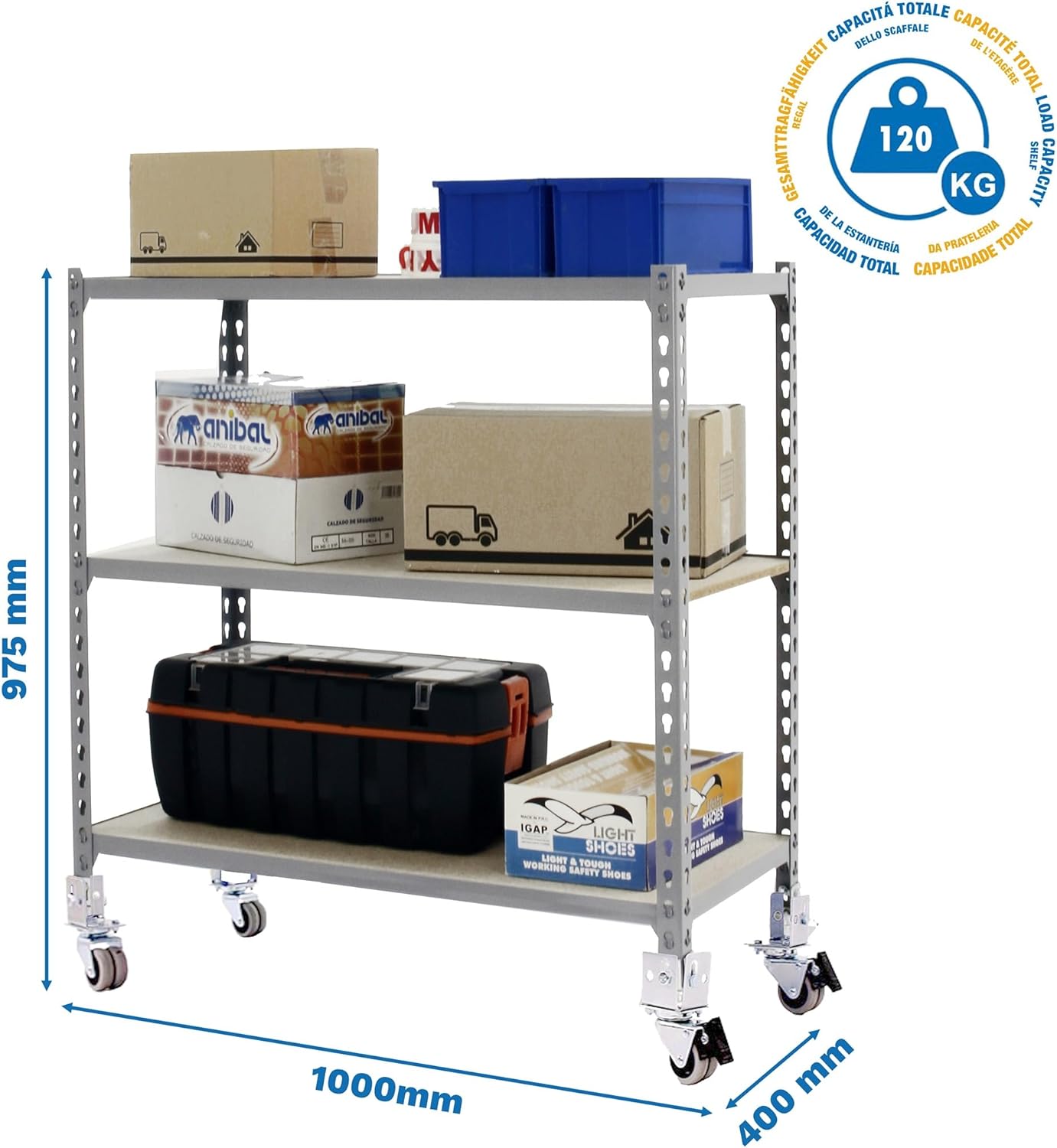 Simon Rack 1 Metal Shelving Storage 3 Levels Load Capacity 75 kg, Grey/Wood, 975 x 1000 x 400