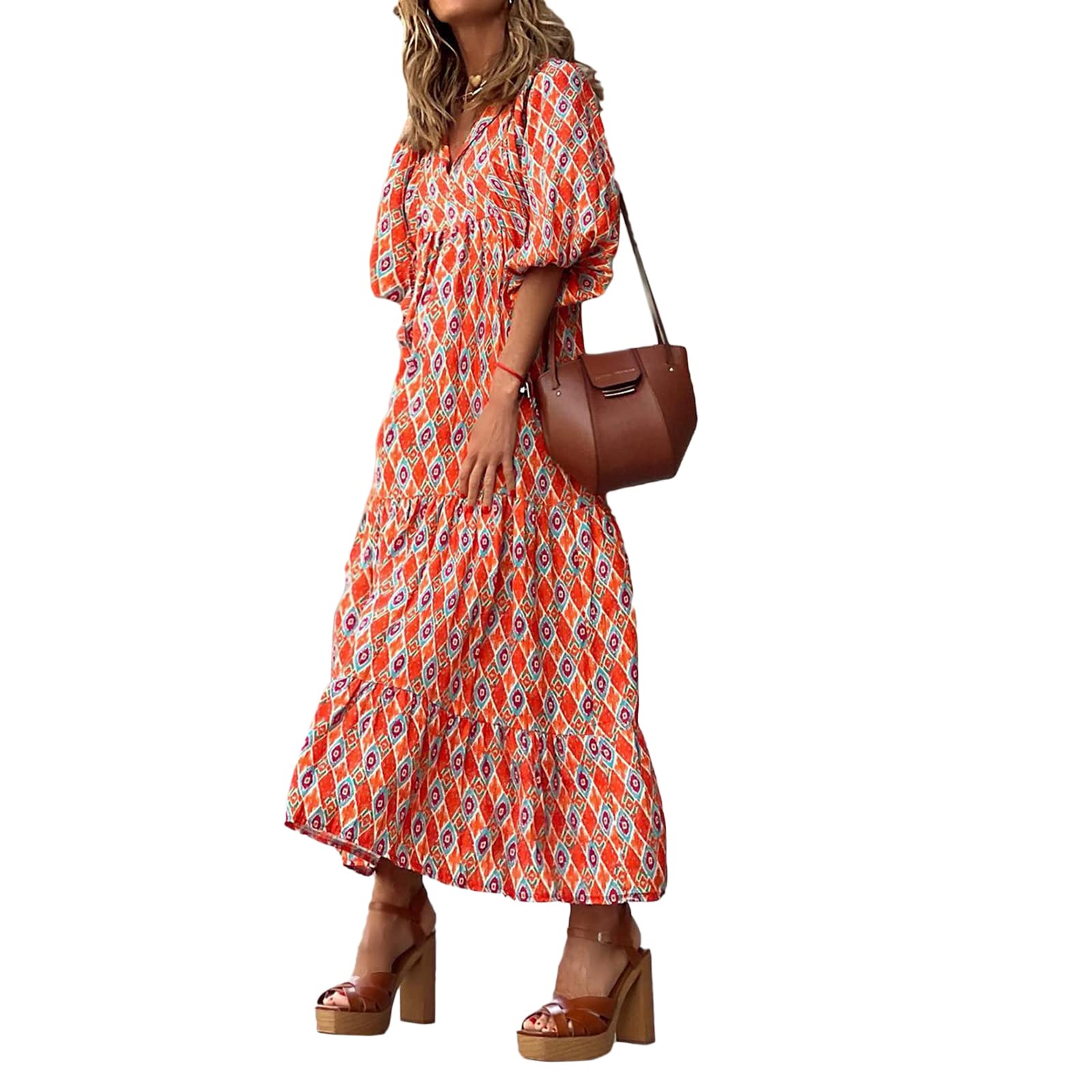 GDDXLM Vestido largo de verano para mujer, con volantes, manga corta, lunares, bohemio, fruncido, ajustado, con lazo en la cintura, falda larga con flotador de playa, E-01
