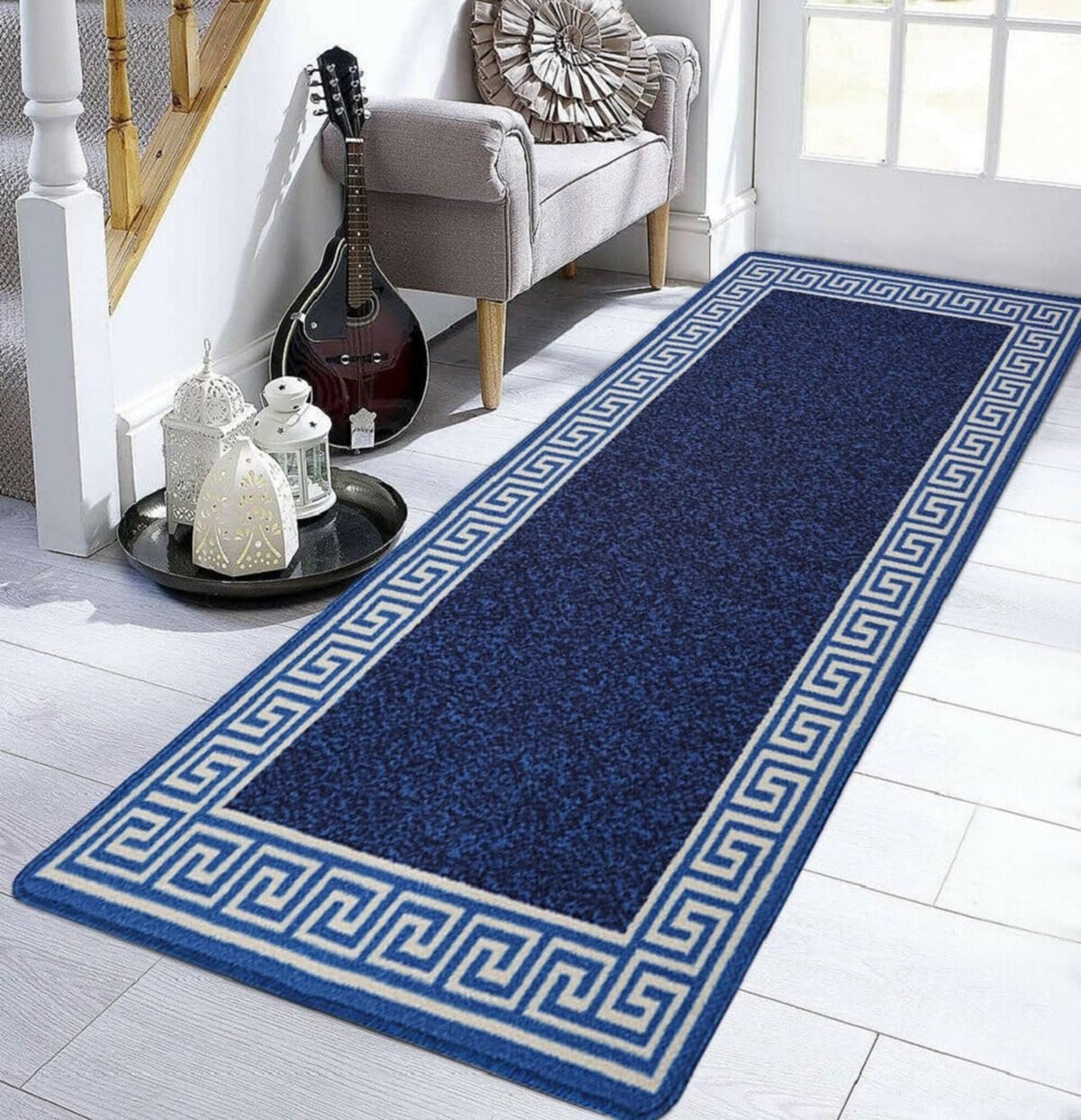 SmartLiving Door Mat Indoor & Outdoor 50X80cm Heavy Duty Non Slip Doormats, Machine Washable Greekey Gel Backed Floor Mat Super Absorbent Gel Back Door Entrance Mats Soft Floor Carpet Rug- Blue Cream