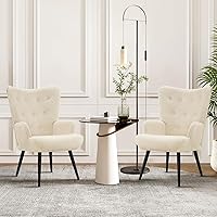 Vista 22 de Furnimart Silla decorativa beige, silla moderna de mitad de siglo para sala de estar con estructura de madera, silla de alas cómoda para oficina