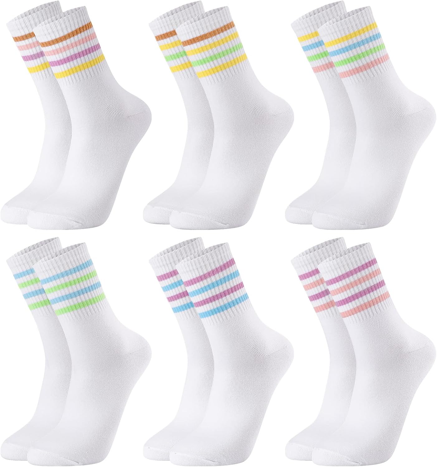 Jspupifip 6 Pair Retro Striped Socks for Women, Vintage Soft Comfortable Tube Fashionable Casual Crew Calf Sock for Girls and Ladies