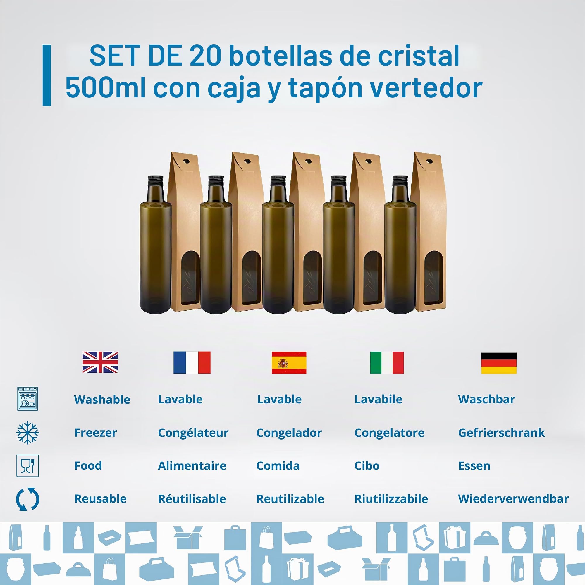 20 Botellas de Cristal Oscuro 500 ml con Tapón Dorado y Boquilla – Aceitera Protectora para Aceite de Oliva, Vinagre y Salsas | Espirito Rebelde