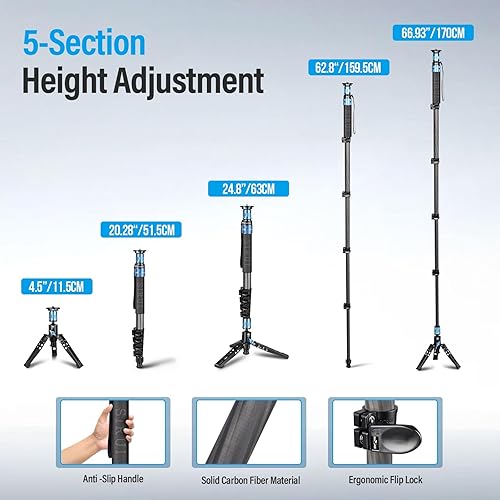 Miniatura 5 de SIRUI P-325FL Monopod de fibra de carbono con pies, monopie de cámara profesional de 67 pulgadas, monopie de viaje ligero portátil para cámara
