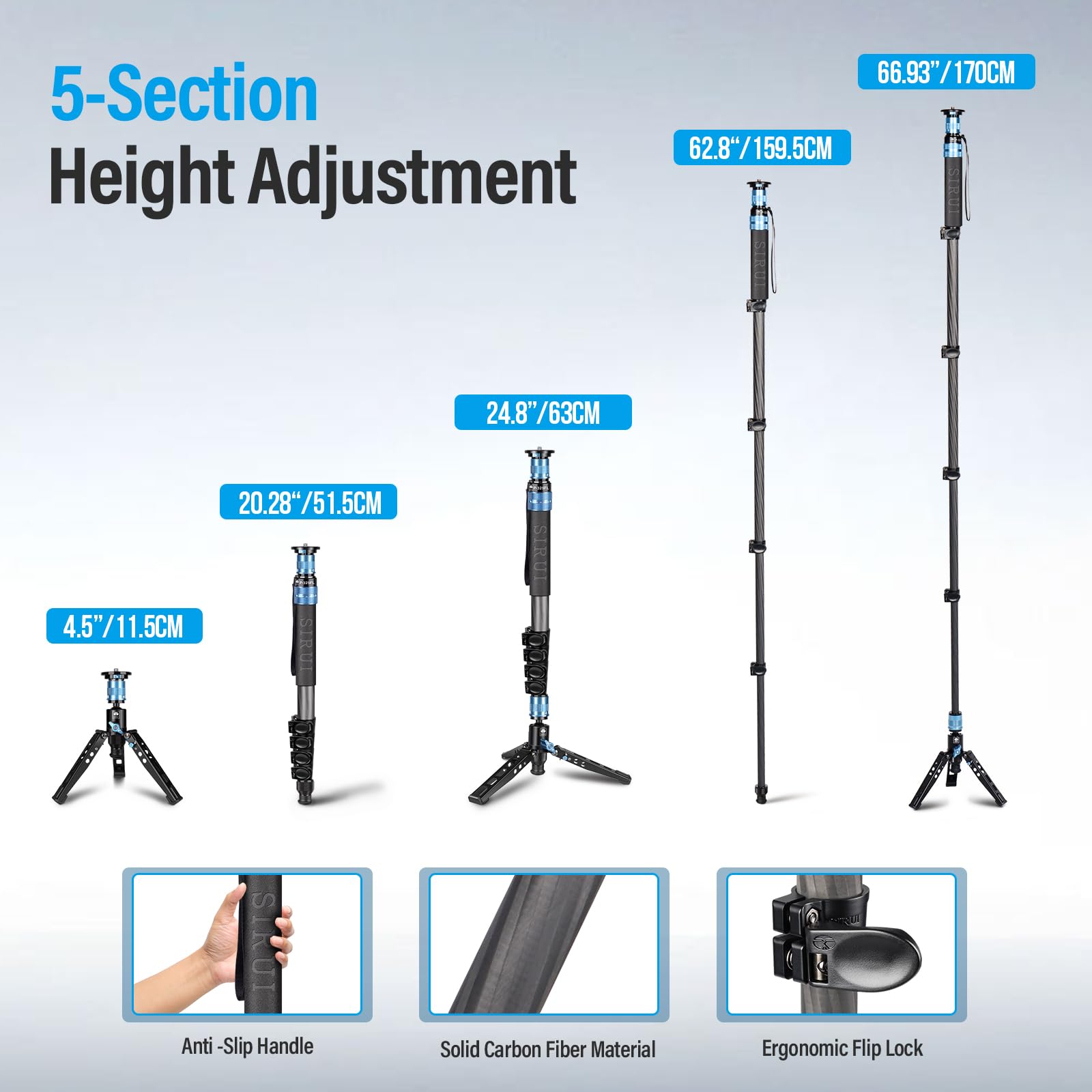 SIRUI P-325FL Monopod z włókna węglowego z nóżkami, profesjonalny monopod 170 cm, przenośny, lekki monopod podróżny do aparatu DSLR, maksymalne obciążenie 10 kg, kompatybilny z aparatem Sony Canon