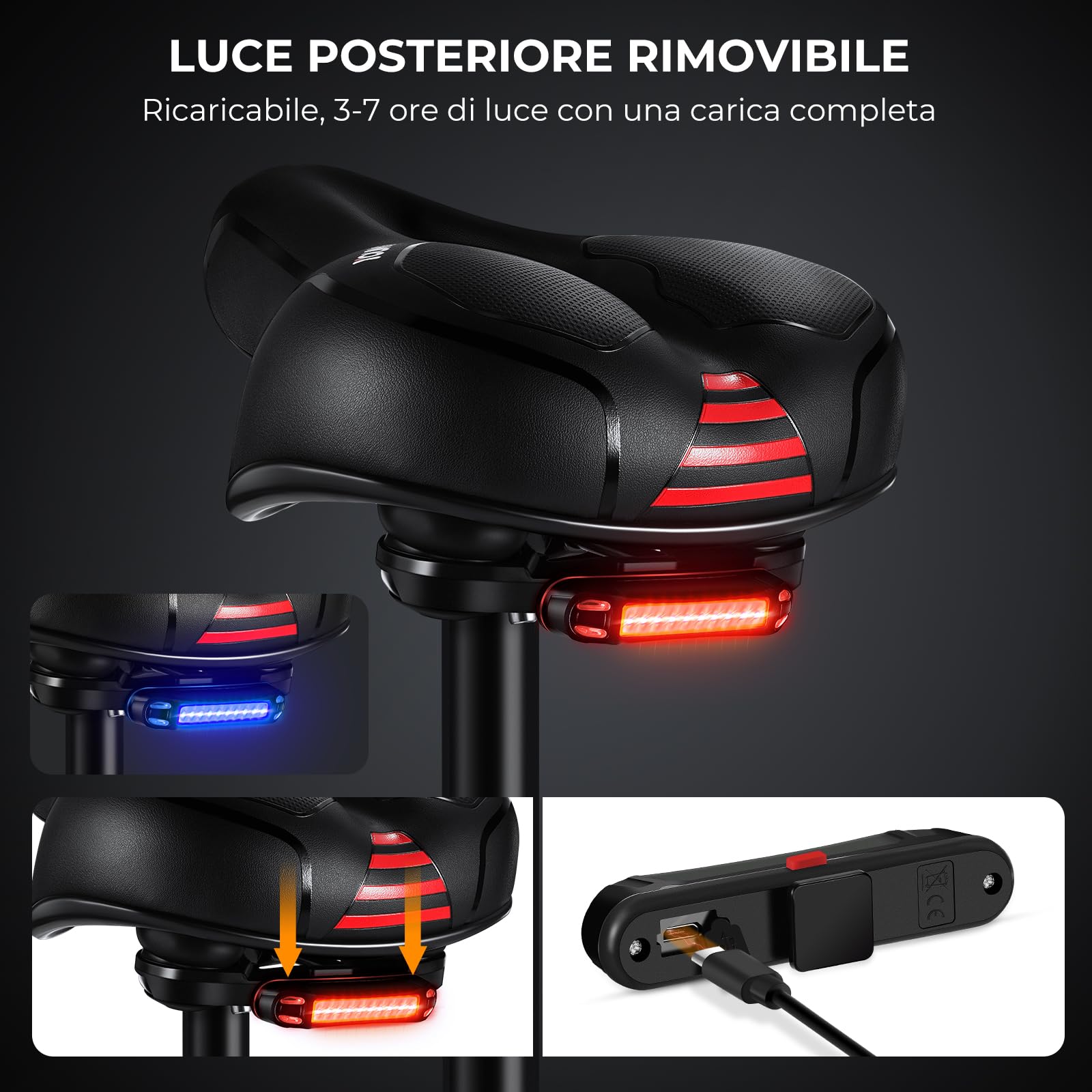 YOUNGDO Sella Bici Comoda, Sella Bici con Luce Posteriore, Sellino Bici Morbido, Ergonomica, Uomo Donna Sella Bicicletta, Impermeabile, per Cyclette/City bike/Montain Bike/Ebike