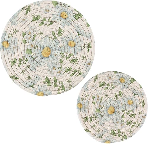 YETTASBIN Salvamanteles redondos de margaritas 2 piezas, resistentes al calor, de hilo de algodón, para platos calientes, cocinar, hornear, granja,