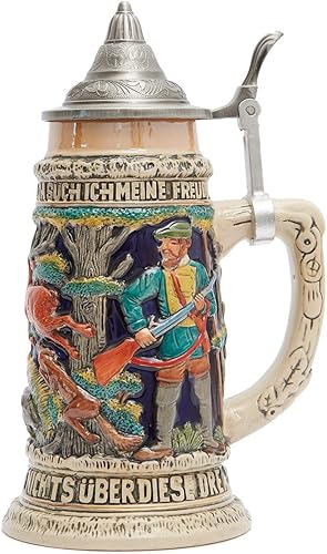 HAUCOZE Taza de cerveza alemana para caza, jarro vikingo con tapa Petwer para regalos de cumpleaños, hombres, padre, marido, 0.6 litros