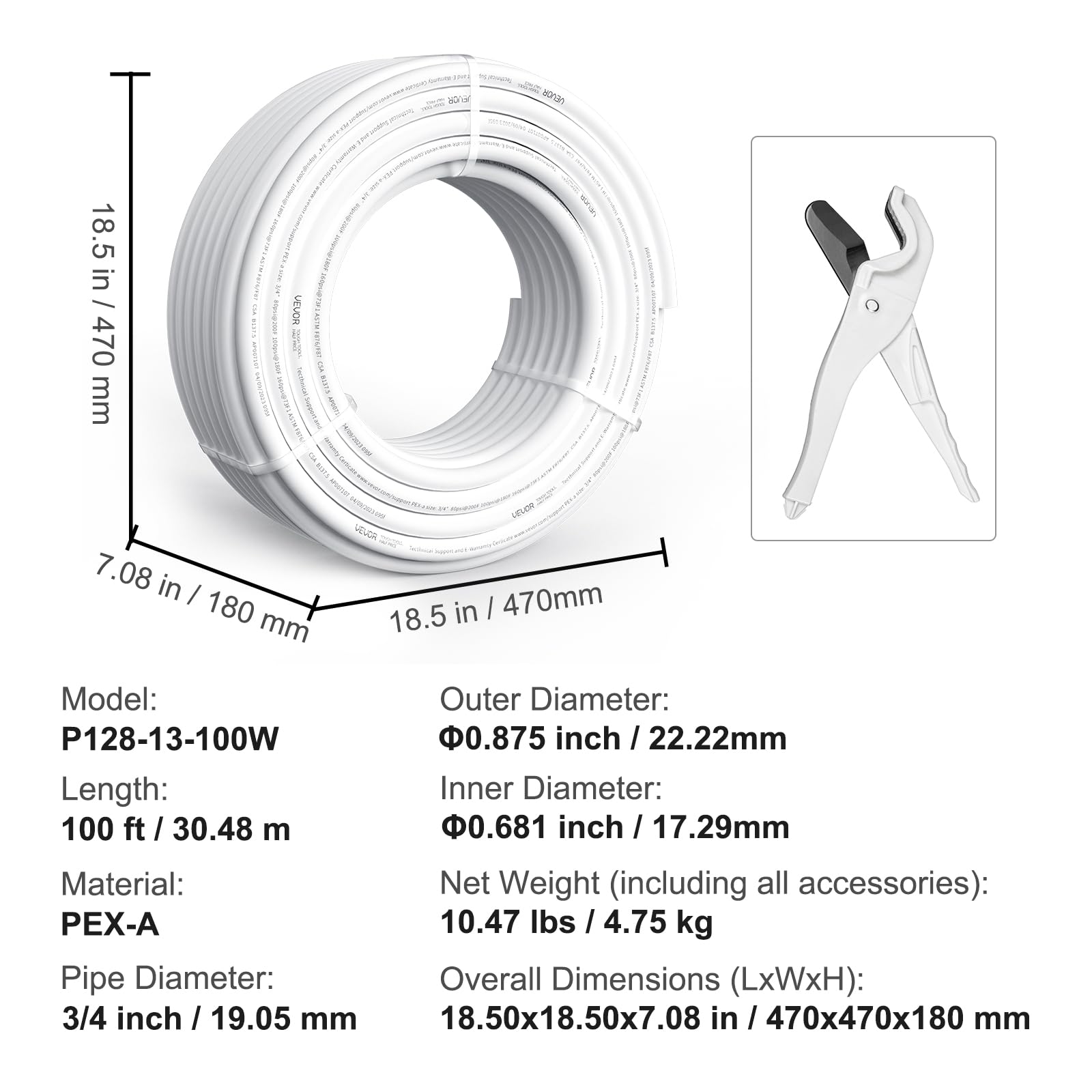 VEVOR P128-13-100W - Tubo PEX modelo nuevo, blanco, 3/4 pulgadas x 100 pies