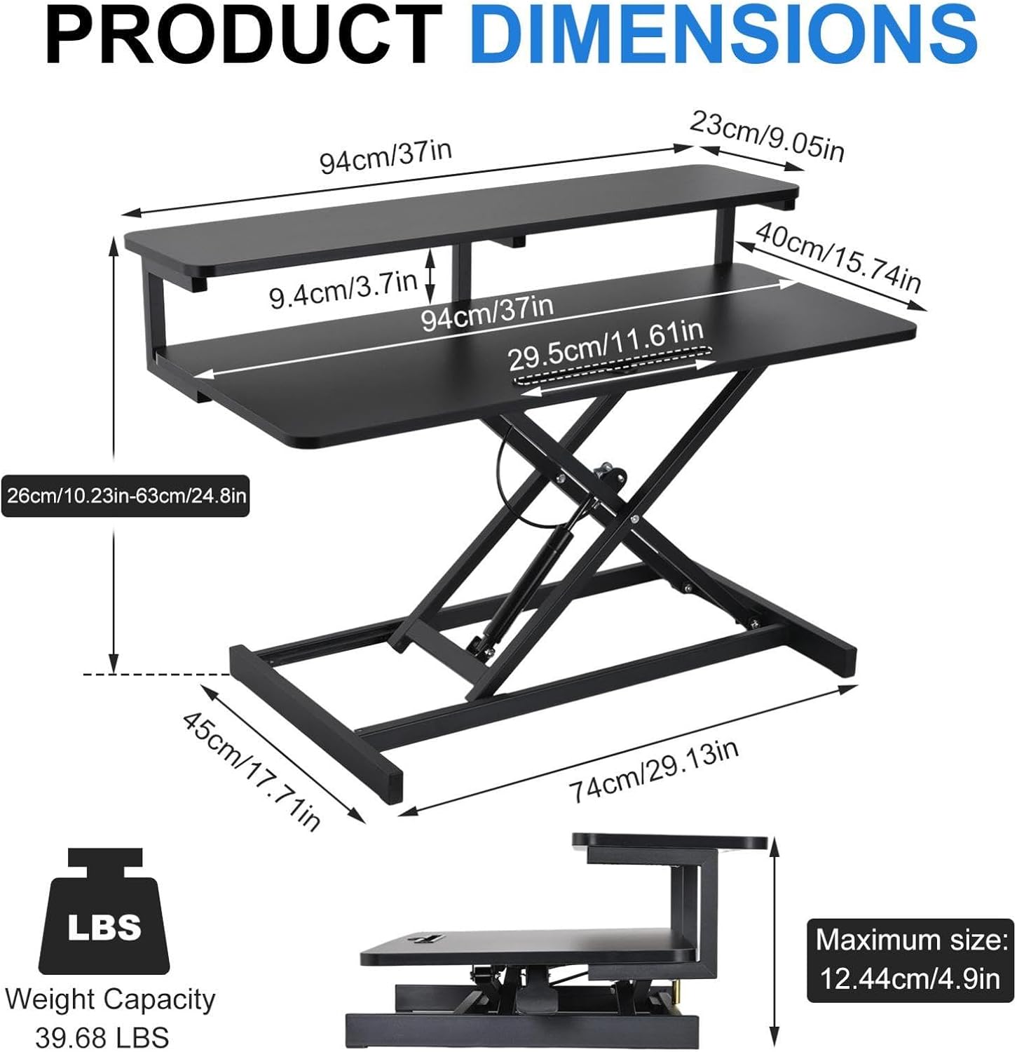 Standing Desk Converter 37 Inch, Height Adjustable Sit Stand Desk Riser with Keyboard Tray, Manual Pneumatic Spring Laptop Workstation for Home Office School, Black