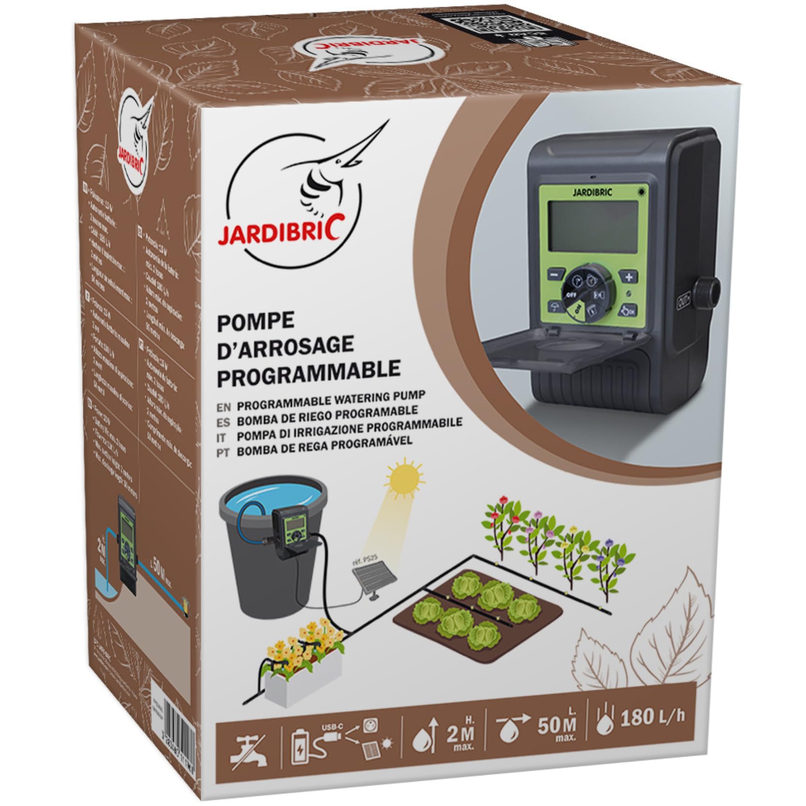 Jardibric - Pompe Récupérateur d’Eau Programmable 180 L/h - Goutte à Goutte - Batterie Rechargeable USB - Compatible Solaire