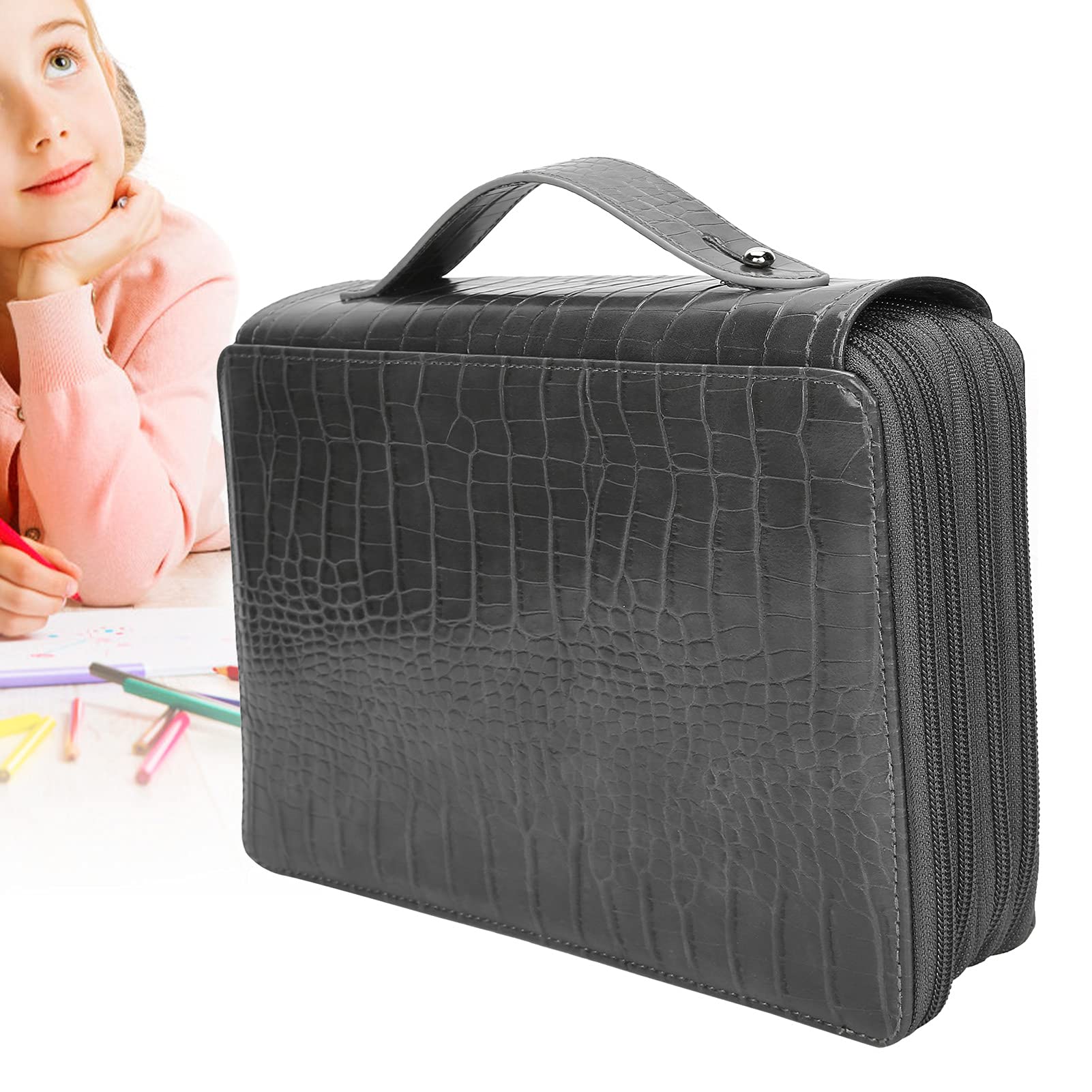 Étui à stylos de grande capacité, 200 emplacements, porte-crayons, fermeture éclair à 4 couches, poche de rangement classée (Gray)