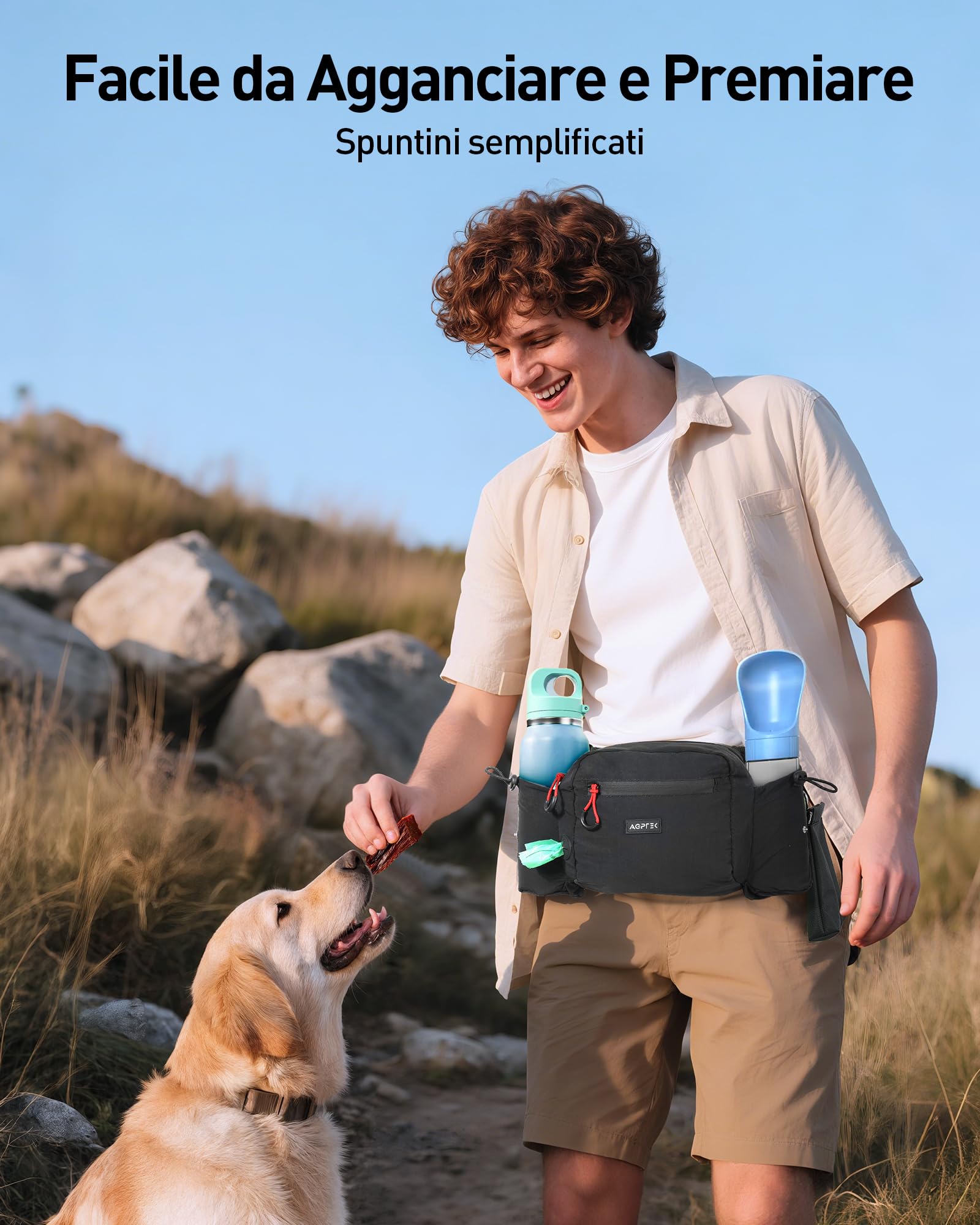 AGPTEK Marsupio per Cani con Borsa Snack Rimovibile, Impermeabile, Alta capacità, Portaborraccia, Dispenser Sacchetti Igienici, per Addestramento e Passeggiate, Nero