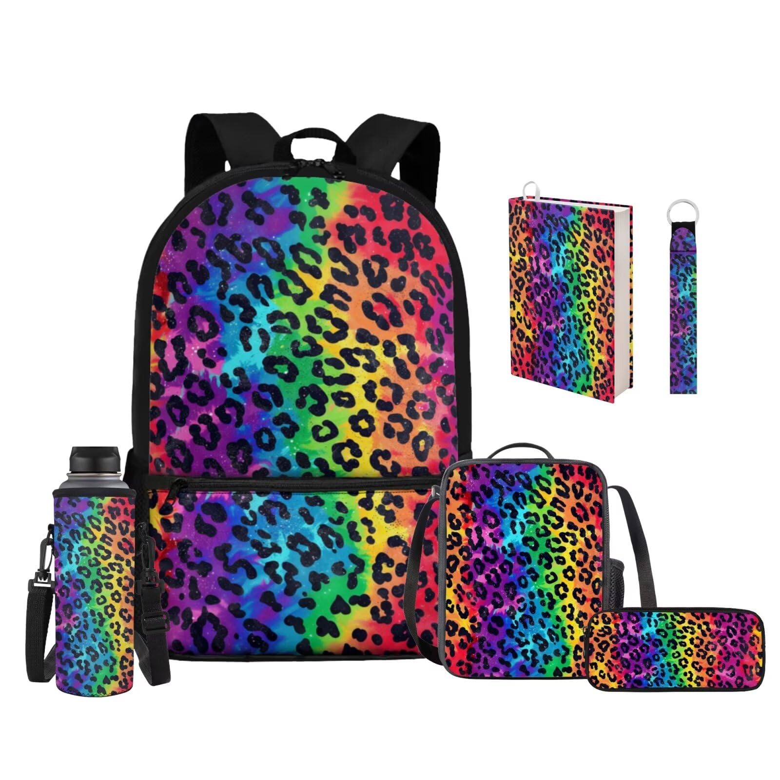 Upetstory Rainbow Leopard Print Backpack for Girls School Bag Boys Bookbag Set with Lunch Box Pencil Case Teen Girls Water Bottle Sleeve Elementary