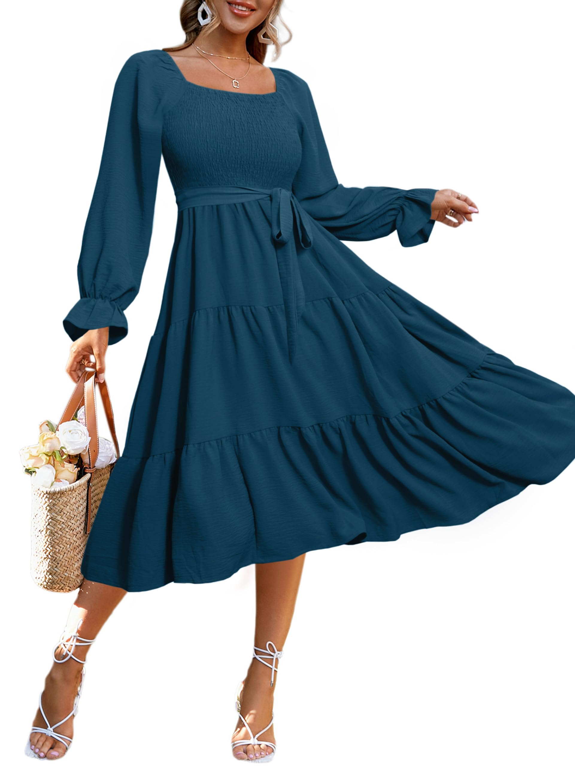 Simplee Womens Long Sleeve Maxi Dress Casual Square Neck Smocked Flowy Fall Wedding Guest Dresses
