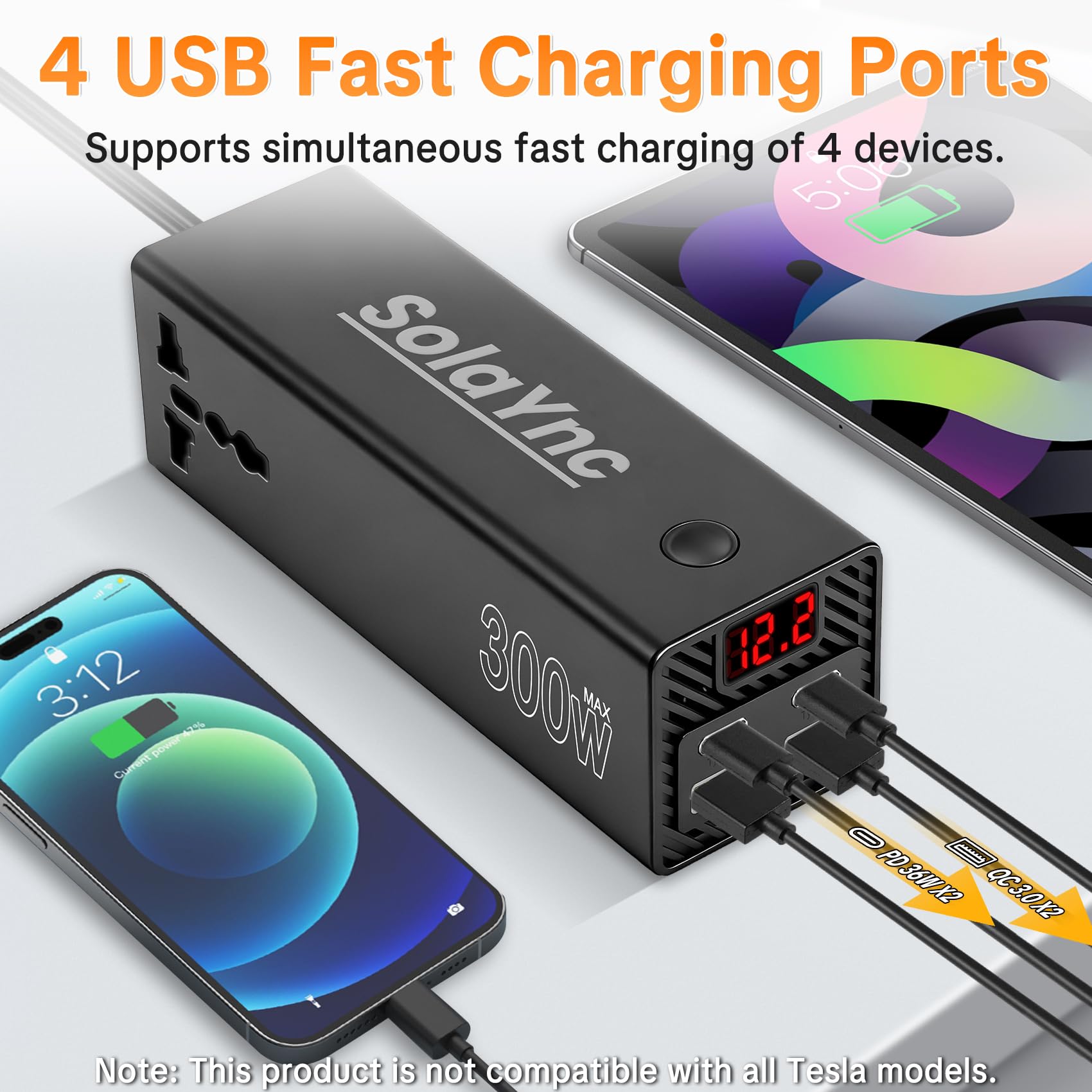 300W Convertisseur de Tension pour véhicule 12V/24V à 230V, avec Prises internationales et Affichage LED, 2 Ports USB-A et 2 Ports USB-C, adapté aux Voitures, Bateaux, Camping