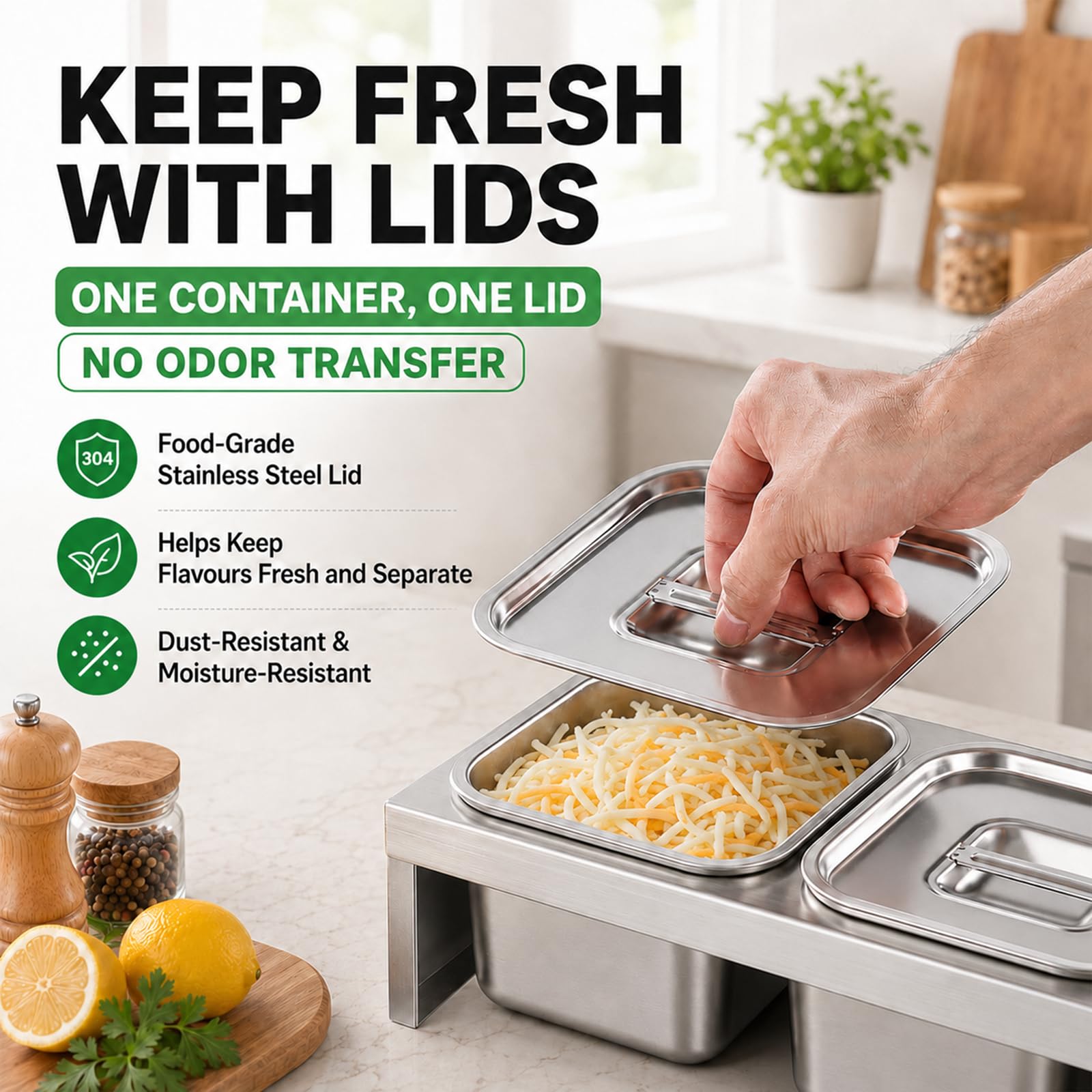 Contenitore Acciaio Inox per Alimenti 6 Pezzi da 2 L con Coperchi e Cucchiai – Cassetta Lievitazione Pizza per Condimenti, Salse e Verdure – Ideale per Cucina, Ristorante, Catering e Uso Outdoor