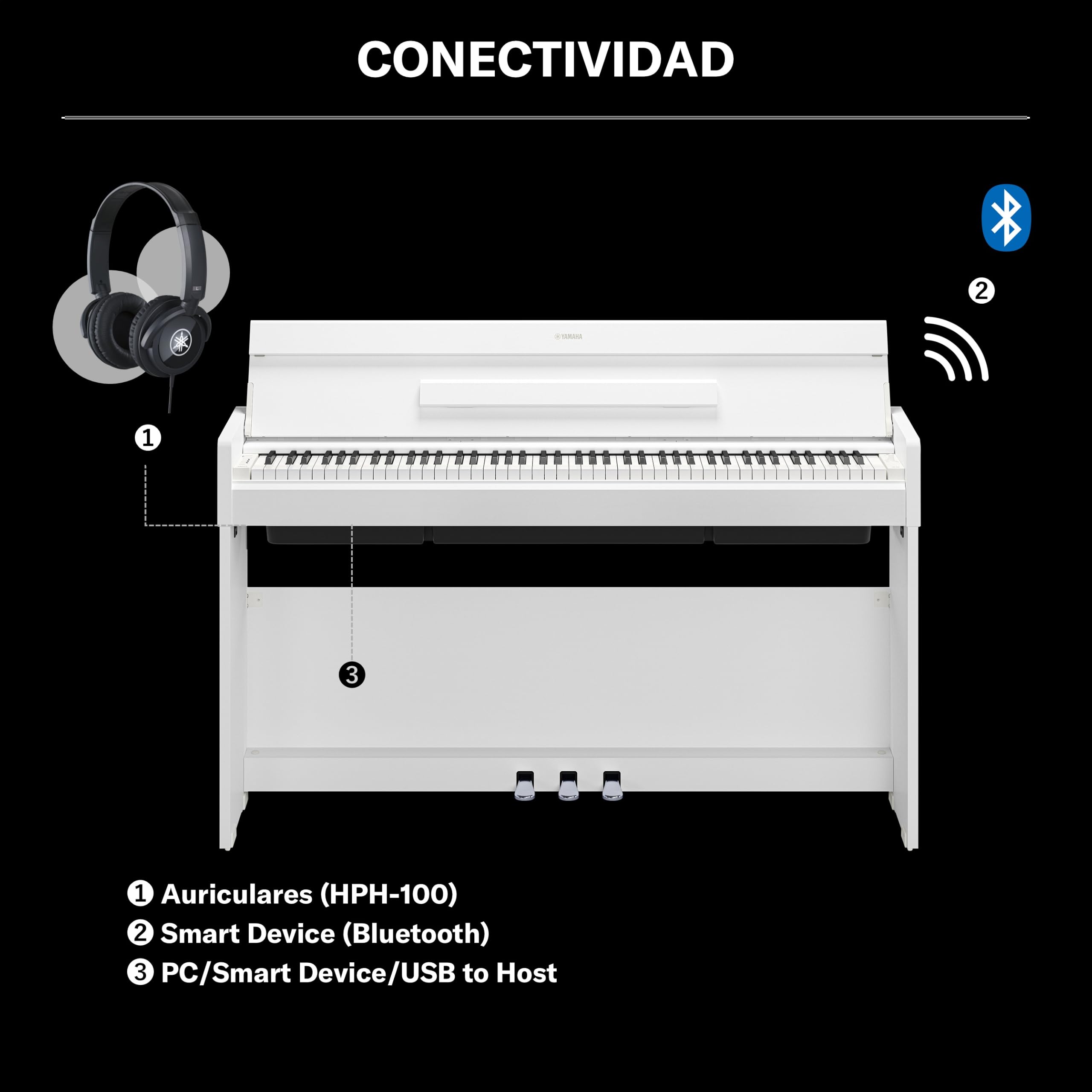 YAMAHA YDP-S36 Piano Digital – 88 Teclas Contrapesadas GHS, Sonido CFX Concert Grand, Diseño Slim, Bluetooth, 3 Pedales, Ideal para Casa y Principiantes – Blanco