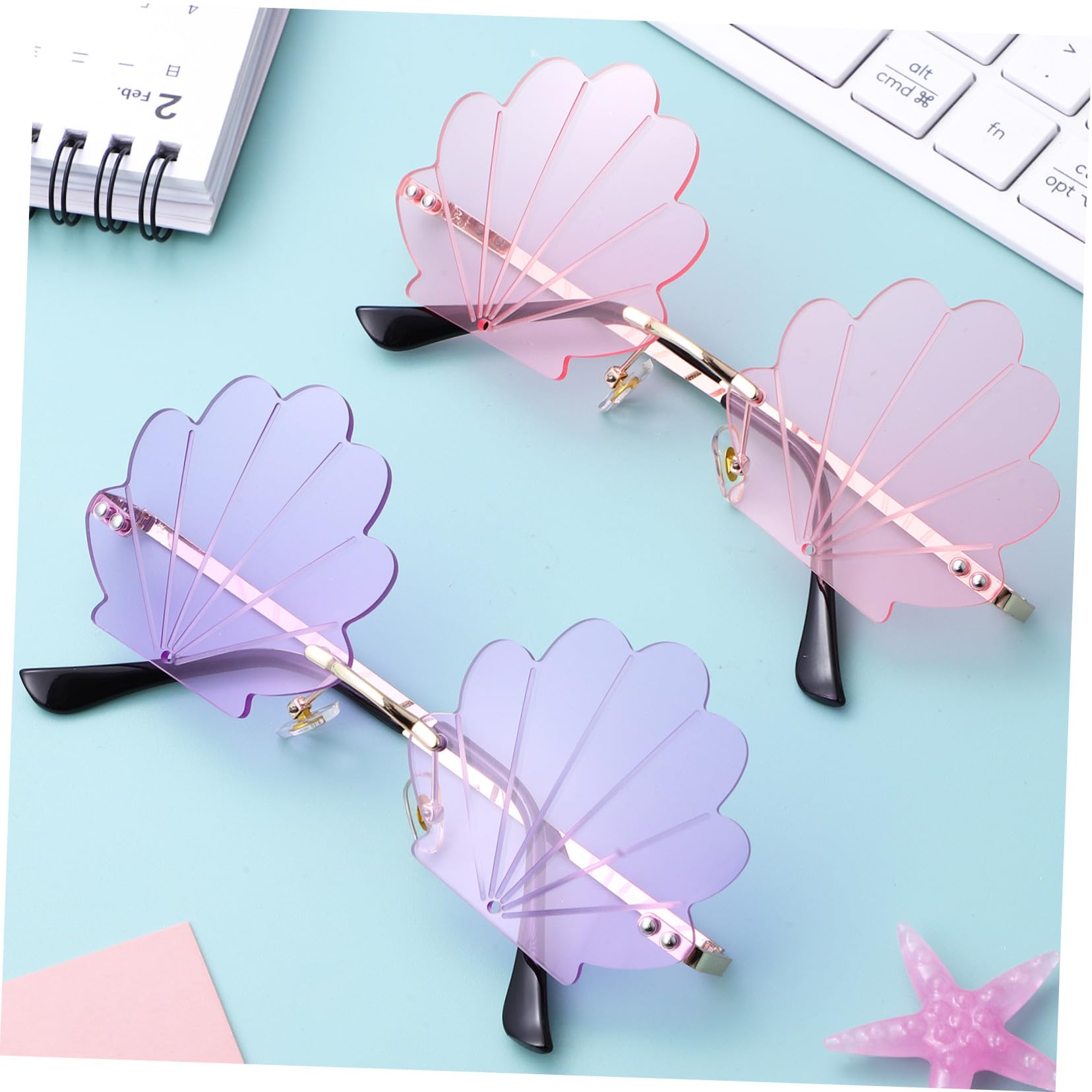 Lot De 2 Lunettes De Soleil Photo Coquillage Sans Monture Métal Et Polycarbonate, Verres Rose Et Violet, Accessoires Fête Pour Femmes, Format 13,9 x 13,8 Cm, Style