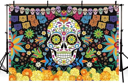 Miniatura 4 de Fondo de fiesta mexicana del Día de los Muertos de 7 x 5 pies para fotografía Día de los Muertos Fondo de Fiesta Colorido Calavera Azúcar Flores
