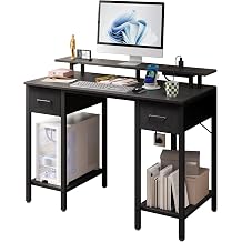 Furnify 42" Computer Desk with 2 Fabric Drawers, Home Office Desk with Monitor Stands and USB Power Outlets, Gaming Desks with Storage Shelves, Study Writing Table for Bedroom Studyroom, Black