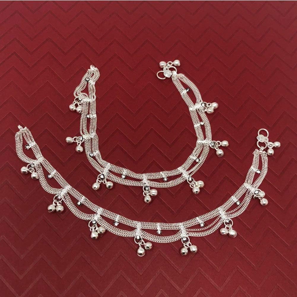 Duel On Jewel Traditional Indian Anklet Payal Sets for Women, Silver-Tone Chain Designs with Soft Bells, Pearls, Enamel, and Bead Charms, Easy-to-Wear S-Hook Clasp, Bridal Wedding Party Dance Jewelry