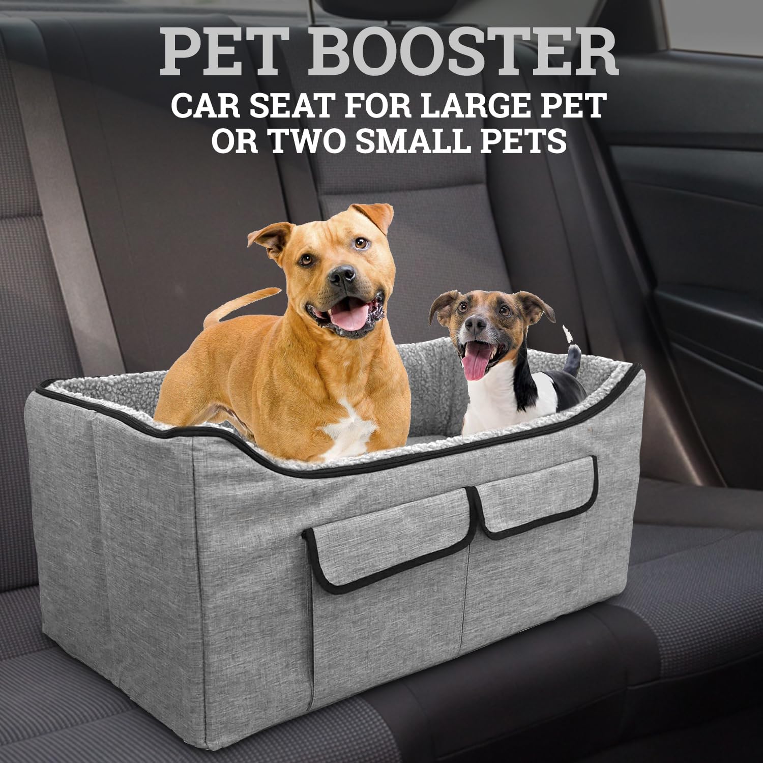 Pet Booster Car Seat for Large Pet or Two Small Pets with 2 Safe Secure Leash Seat Belts and Elevated View Easy Fold Up for Compact Storage