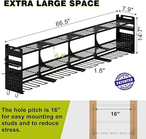 Miniatura 2 de Organizador de herramientas eléctricas de 64 pulgadas para montaje en pared, 16 ranuras, taladro de 3 niveles y soporte de almacenamiento de